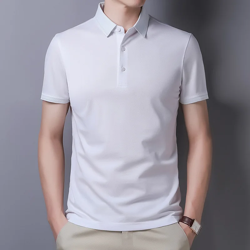 

2021 summer new men's silk T-shirt short sleeve polo shirt solid color middle aged men's clothing 2101