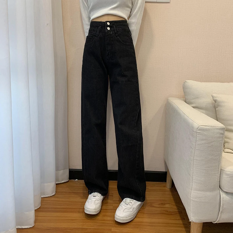 

FAKUNTN Waist Straight Women's High Jeans Black Spring Autumn New Loose Trousers Ladies Casual Comfortable Wide Leg Mom Long