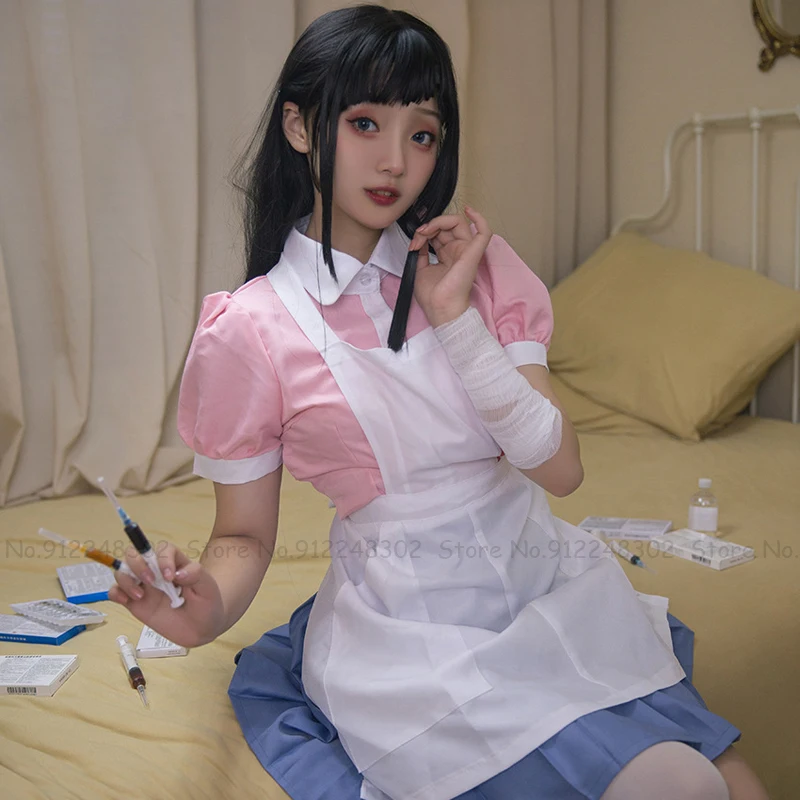 

Japanese Anime Mikan Tsumiki Cosplay Costume Women Maid Pink Shirt Blue Skrits Apron Uniform Set Nurse Girls Kawaii Party Dress