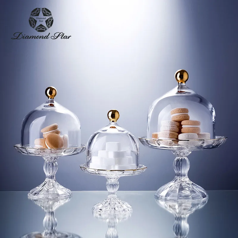 

European Gold-plated Modern Luxury Glass Covered Afternoon Tea Decoration Fruit Dessert Cake Candy Platters And Trays