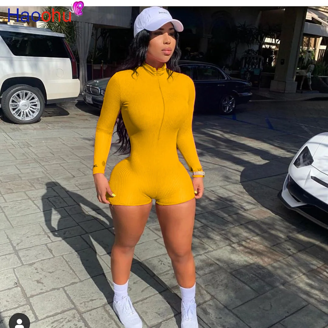 

HAOOHU Active Wear Moto Biker Lucky Label Embroidery Women Shorts jumpsuit Streetwear Knitted One Piece Overall Romper Bodysuit