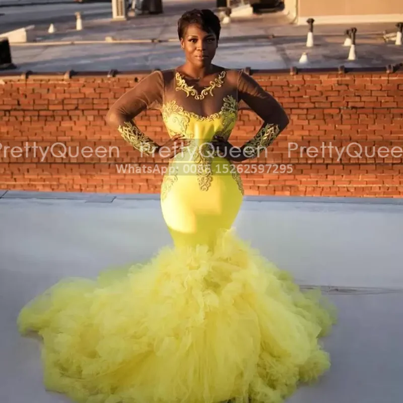 

Yellow Appliques Mermaid Prom Dresses With Long Sleeves Puffy Cascading Ruffles Tulle Skirt Sheer Neck Celebrity Dress Party