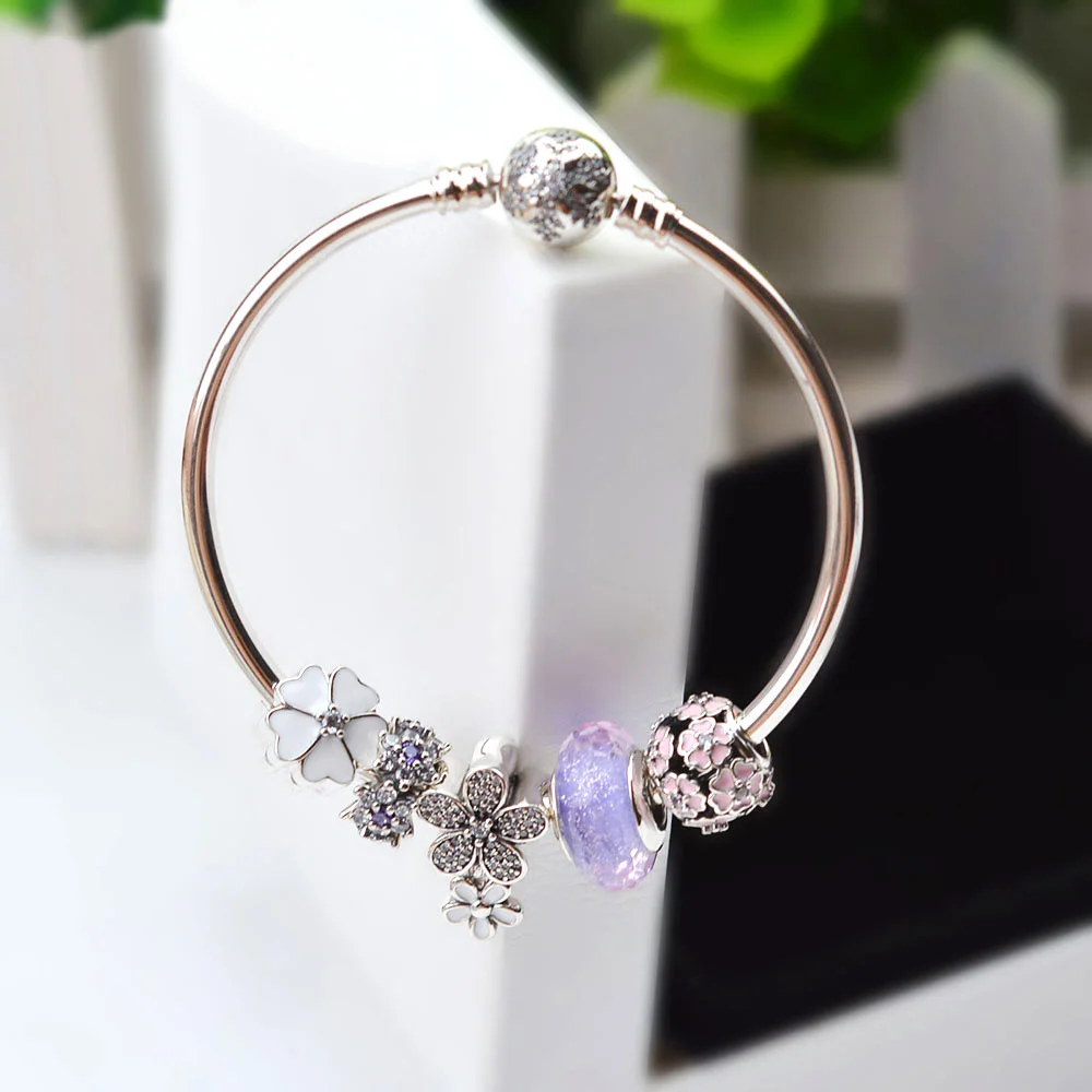 NEW NEW 100% 925 Sterling Silver Bracelet Set For Europe Women Spring Purple Flowers DIY Gift Original Bangle Charm Jewelry