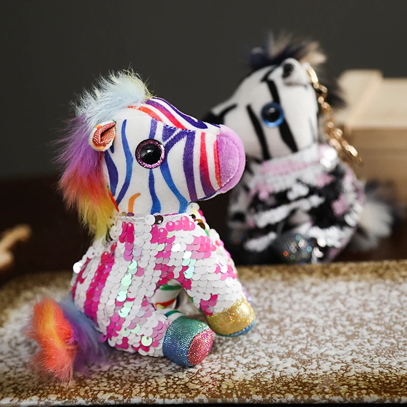 

Plush toys pendant unicorn chameleon alpaca colorful sequins luminous backpack pendant keychain animal plush small pendant gifts