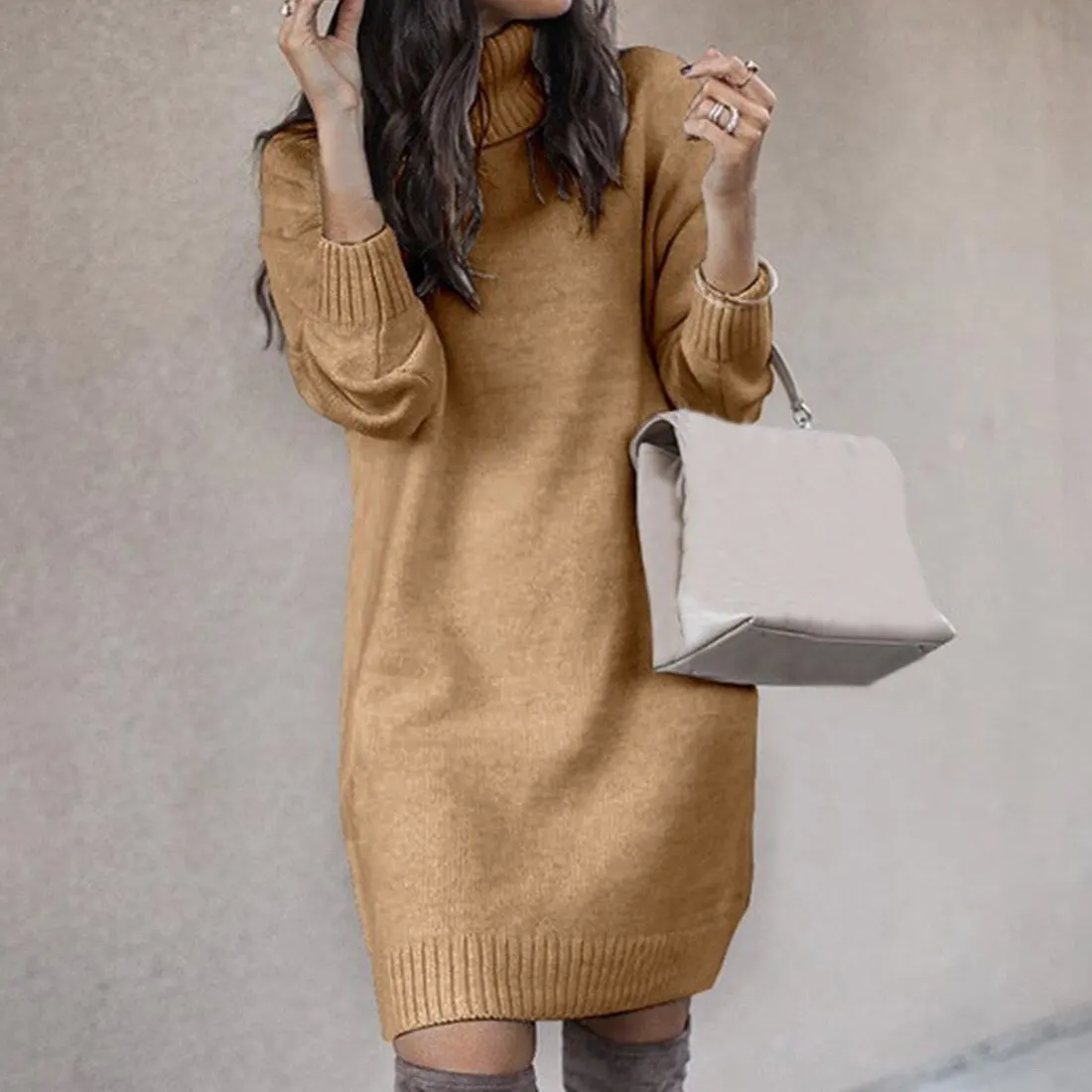 

Chic Women Solid Color Turtleneck Long Sleeve Casual Loose Knitted Sweater Dress Casual Warm Autumn Women's Sweater