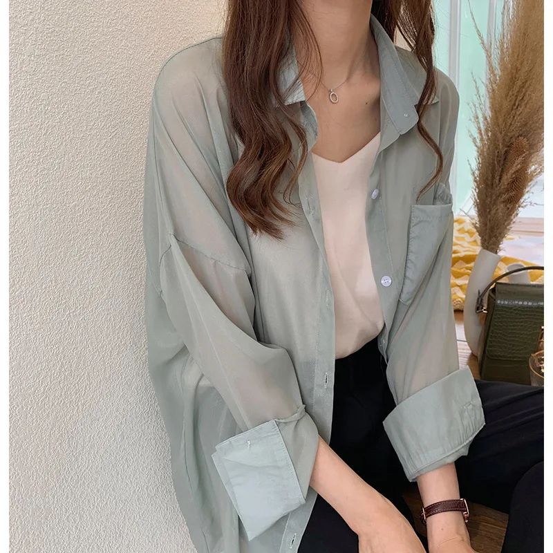 

Summer Chiffon Blouse Women Jersey Full Sleeves Sunscreen Clothing Ladies Korean Tops Solid Blouse Outwear Loose White Shirt