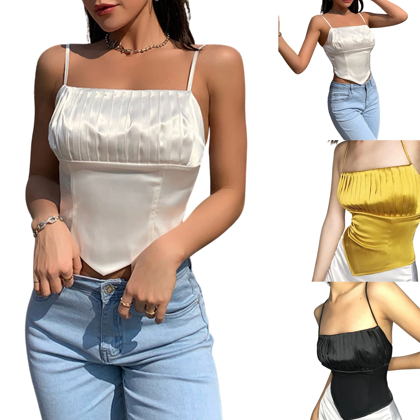 

Sexy Women's Zip Back Camisoles, Sleeveless Spaghetti Strap Pleated Bust Solid Color Crop Cami Tops New Fashion 2021