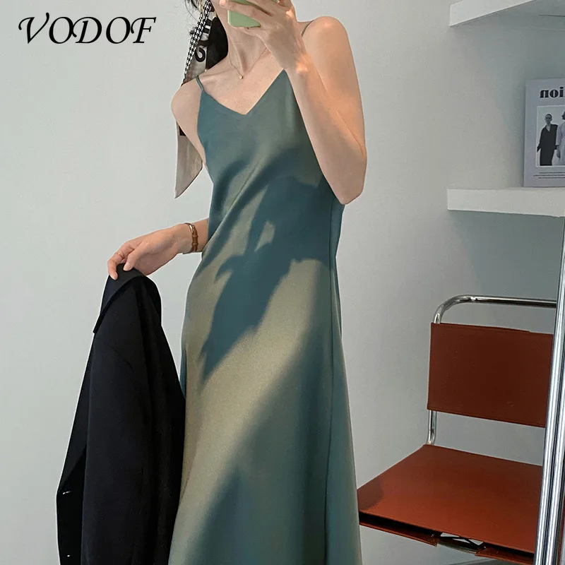 

VODOF Woman Dress Satin Sleeveless Spaghetti Strap Evening Party Black Sundress Long Wedding Silk Dress Green 2021 Summer New