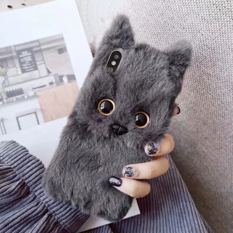 Kawaii чехол для телефона с черными глазами и кошками Iphone 11 11pro Max X Xs Xsmax Xr плюшевый 6 7 8