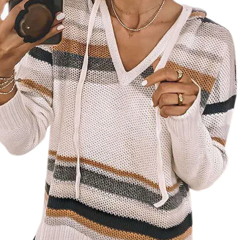 

Vicabo Women Sweater 2020 Striped Kint Pullover Tops Autumn Female Color Patchwork Casual Loose Ladies Hooded Sweaters