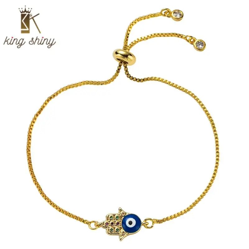 

2020 Gorgeous Summer Style Zirconia Evil Eye Copper Bracelet for Woman Rainbow Color Zircon Palm Shape Adjustable Charm Bracelet