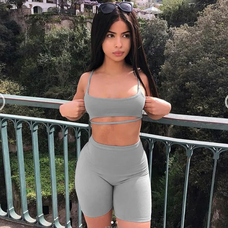 Sexy Casual Solid Color 2 Piece Set Women Short Sexy Night Club Tank Tops And Sport Elastic Waist Slim Fit Casual Shorts