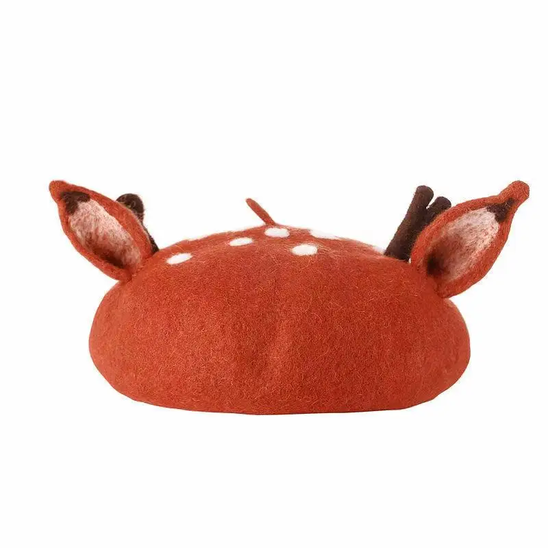 

Women Christmas Beret Cap Cute 3D Fox Reindeer Antler Ears Faux Felt Painter Hat