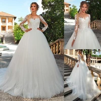 wonderful tulle bateau neckline ball gown wedding dress with lace appliques long sleeves bridal dresses abito da sposa