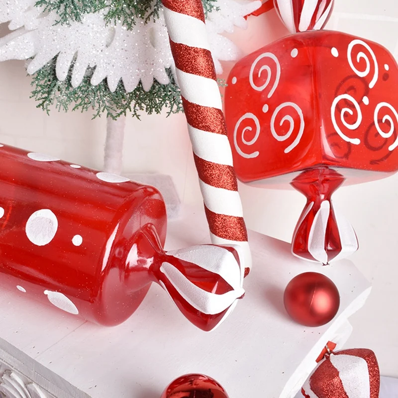 

2 Pcs Christmas Decorations Scene Layout Gift Ornaments Pendant Red and White Transparent Painted Candy Props B & D