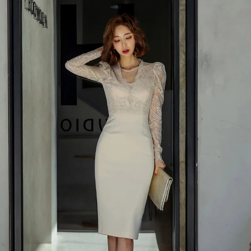 

White Lace Patchwork Evening Party Dress Women Long Sleeve Casual Dinner Dress for Women Sheath Wrap Midi Winter Dress Ladies