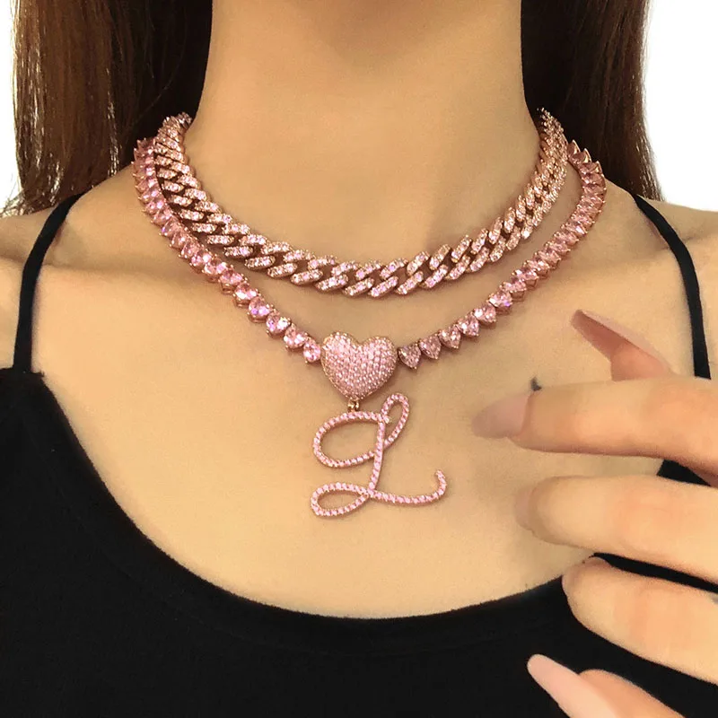 GrandBling Cursive Letters With Heart Tennis Chain Iced Out Name Necklace Choker  Hip Hop Jewelry  Drop Shipping