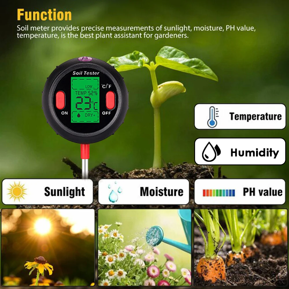 

3/4/5in1 Digital Soil pH Meter Moisture Meter PH Levels Temperature Sunlight Intensity Humidity Tester Large Backlit LCD Display
