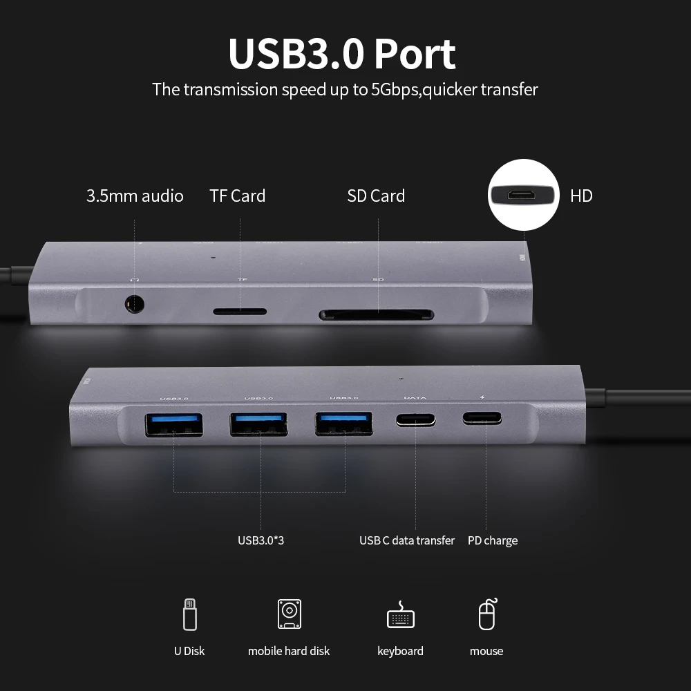 Многофункциональный концентратор 9-в-1 с разъемом типа C на 4K HD PD для