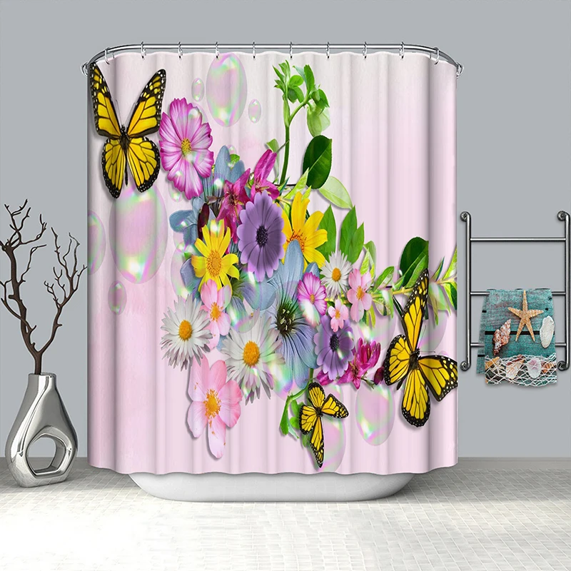 

butterfly flower shower curtain drop shipping polyester curtain for bathroom