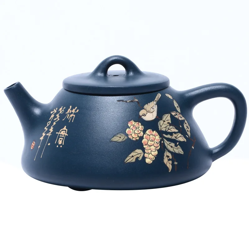 

Yixing Dark-red Enameled Pottery Teapot Famous Full Manual Birds ' Twitter And Fragrance Of Flowers Stone Drum Azure Mud