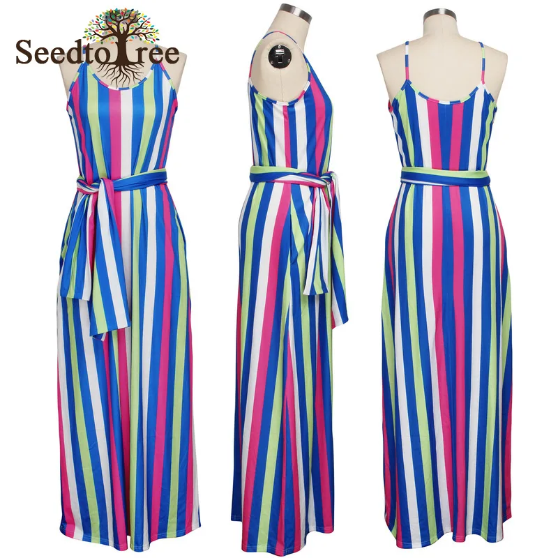 

Colorful Stripes Printed Spaghetti Strap Summer Maxi Dress Fashion Women Sleeveless Casual Loose Floor Length Summer Dresses