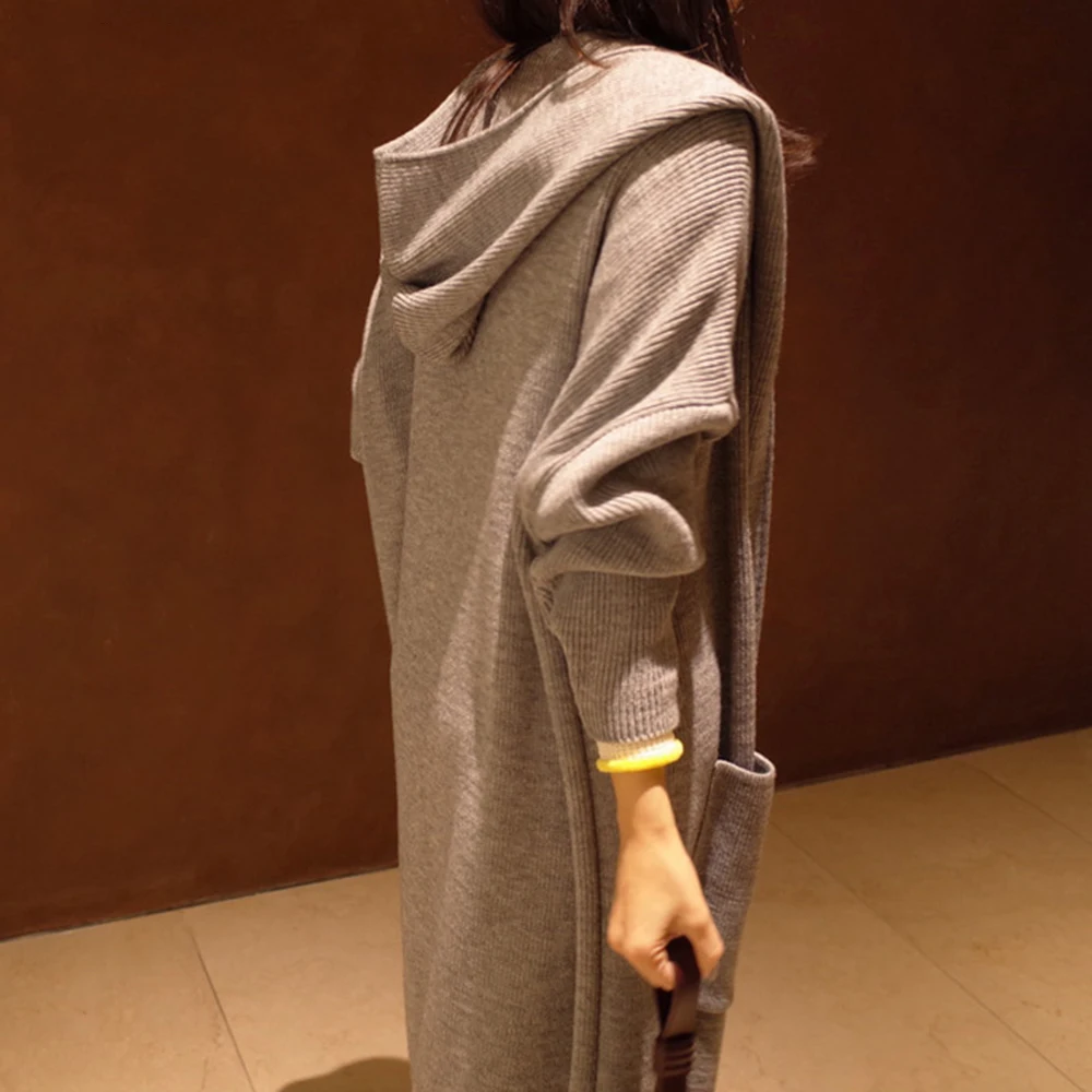 Женский вязаный кардиган AOWOFS однотонный Длинный свободный Приталенный в