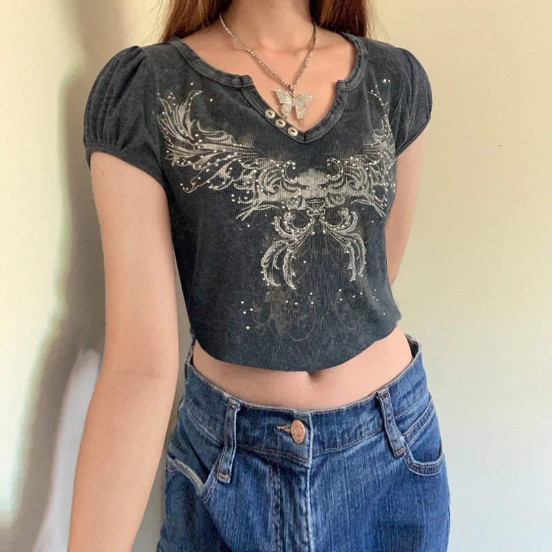 

Retro Grunge Graphic Print Crop Tshirts Women Vintage Harajuku Fairycore Clothes Aesthetic 90s V-neck Summer Cute Streetwear Top