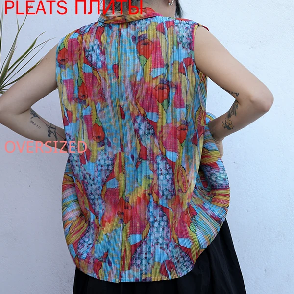 

Print Design Pleated Shirt Sleeveless Top MIYAKE Pleats Tshirt Oversized T Shirt One Piece
