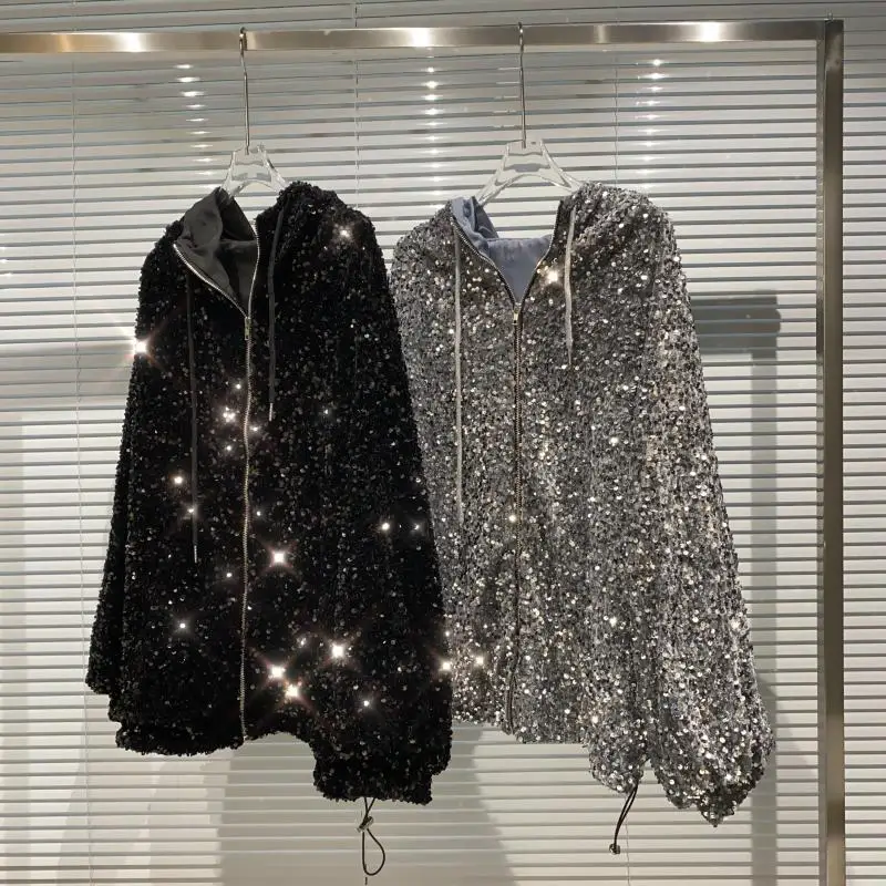 

New ew covered in sequins glittering hooded draw string hubble bubble sleeve jackets the doll