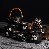 new japanese kungfu tea set set household black pottery ceramic cherry blossom teapot teacup black rabbit pattern