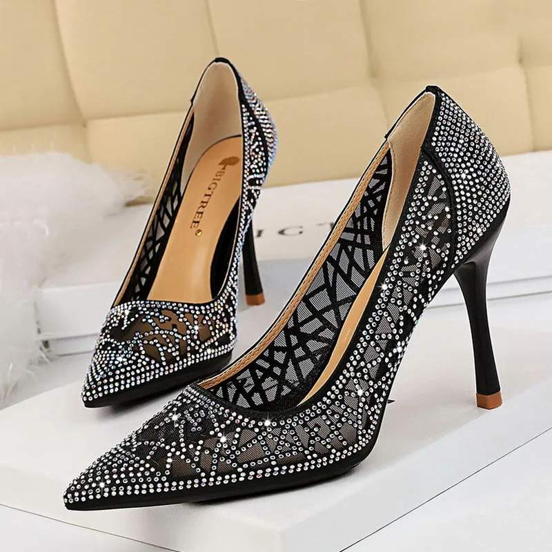 Туфли лодочки женские с кристаллами высокий каблук шпилька пикантные