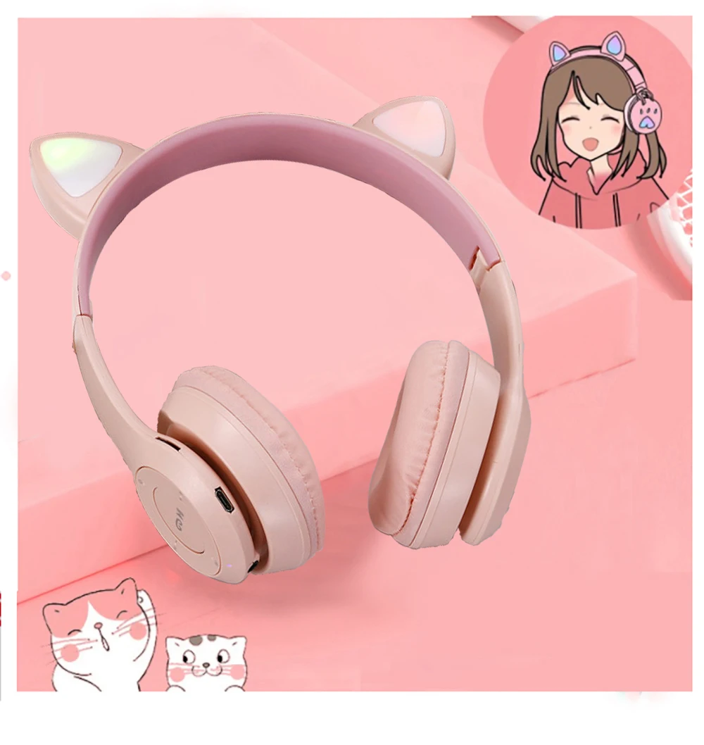 

Wireless Cat Ears Cosplay Gaming Folding Wireless Headphones LED Glowing PC USB HIFI