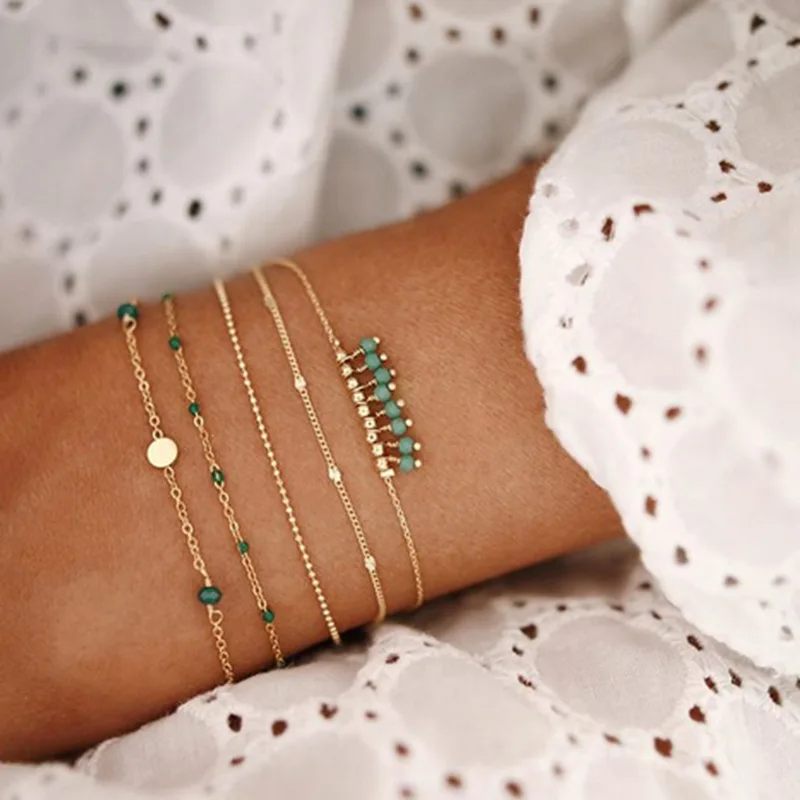 

New Design Boho 5pcs/set Green Crystal Beads and Green beads Pendant Bracelets Bangles For Women Bohemian Bracelet Set