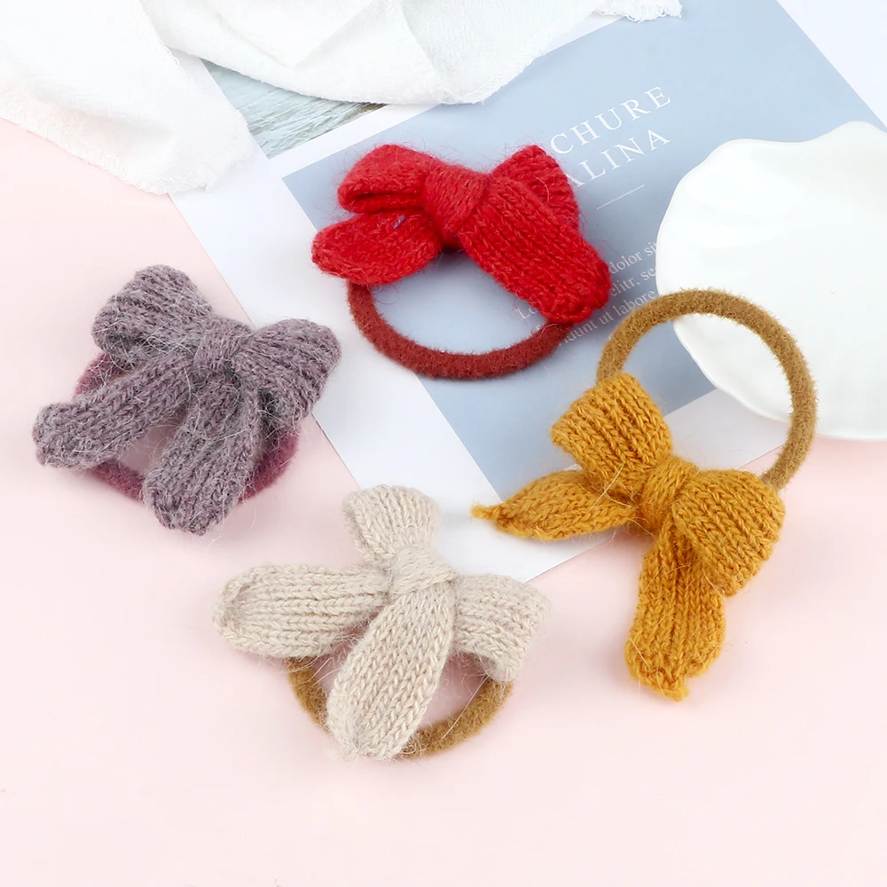

Korean Trendy Hair Band Accessories Sweet Bowknot Knitted Scrunchies Colorful Soft Furry Headband For Girl Women Ponytail Holder