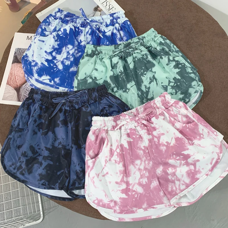 

Tie-Dye Printed Wide-Leg Shorts Women Retro High Waist Elastic Waist Casual Shorts Women'S Large Size Running Sport Shortss 2021