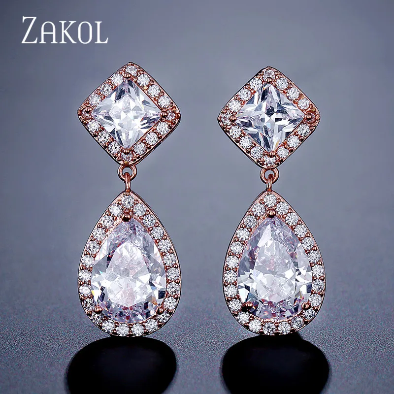 Rose Gold Color ZAKOL, дизайн, модные, квадратные, каплевидные, прозрачные, висячие серьги, медь, кубический цирконий, для женщин, девушек, вечерние, для работы, туризма, FSEP2162 - Окраска металла: Rose Gold Color