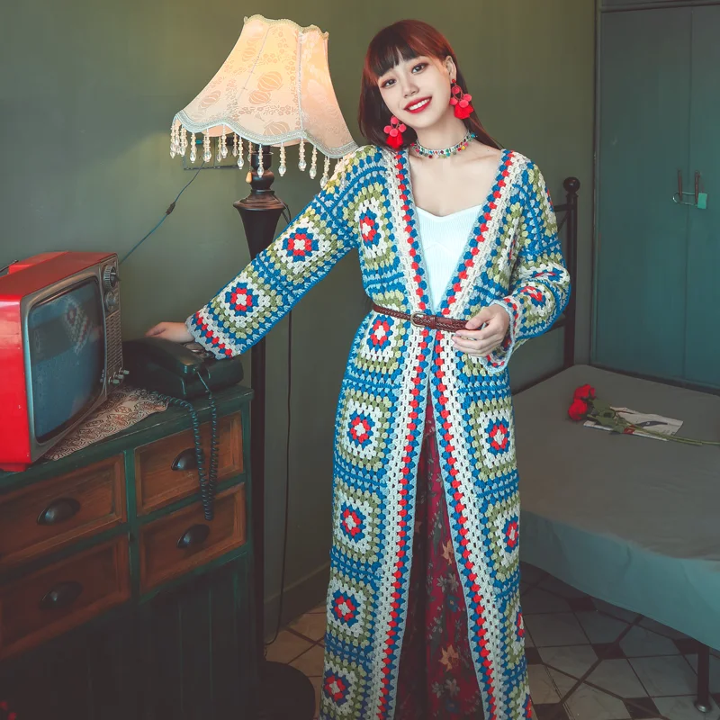 Boho Hand-crochet Sweater Cardigan Robe Ethnic High-end Custom Sister Vintage Bangkok Casual Hollow Out Long Cardigan Coat