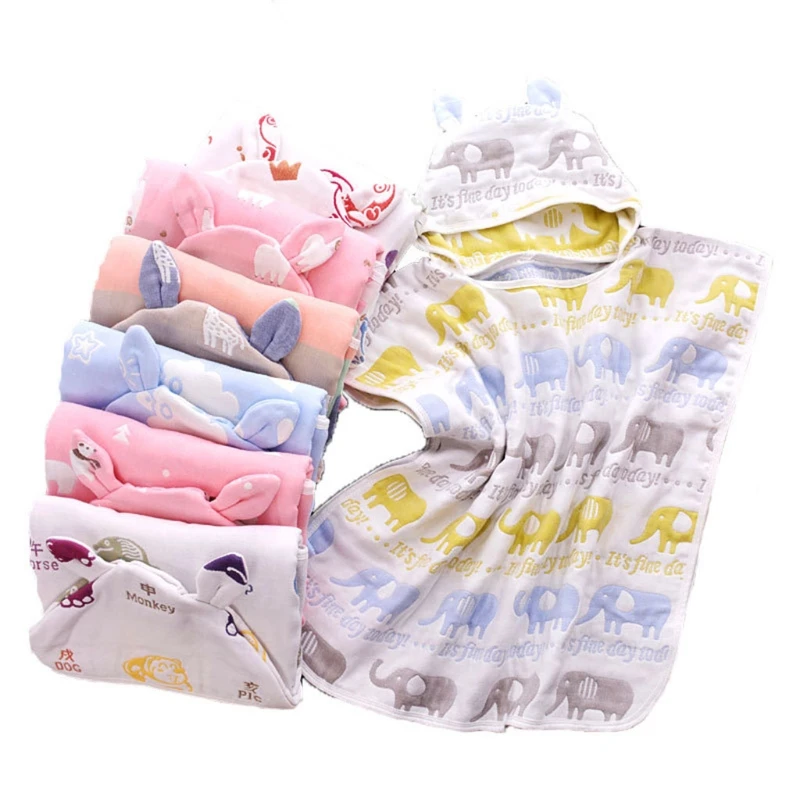 

Детское банное полотенце, 6 слоев хлопчатобумажной Марли, с капюшоном, пончо с мультяшным принтом, дышащее абсорбирующее одеяло для младенц...