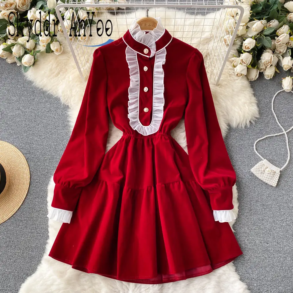 

Женское Короткое платье-трапеция с длинным рукавом, красное винтажное облегающее платье-мини в стиле Харадзюку, весна 2022