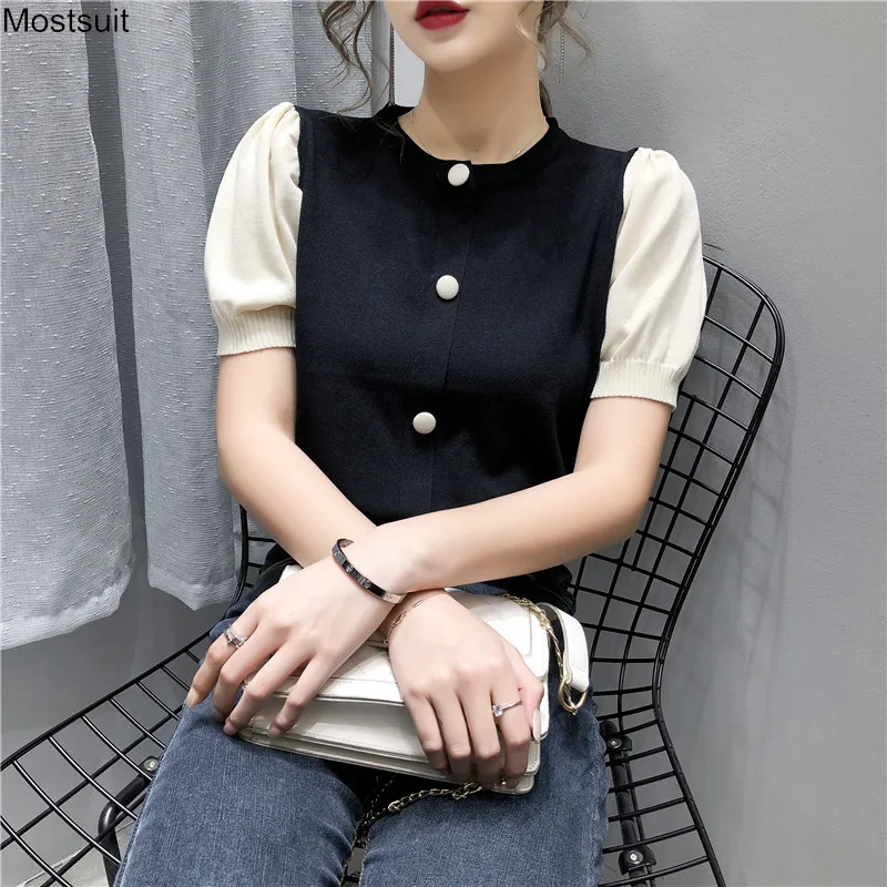 

Summer Knitted Tops Women Short Puff Sleeve Colorblock Fashion Kawaii T-shirt Buttons Pullover Tees Shirts Clothes Korean 2020