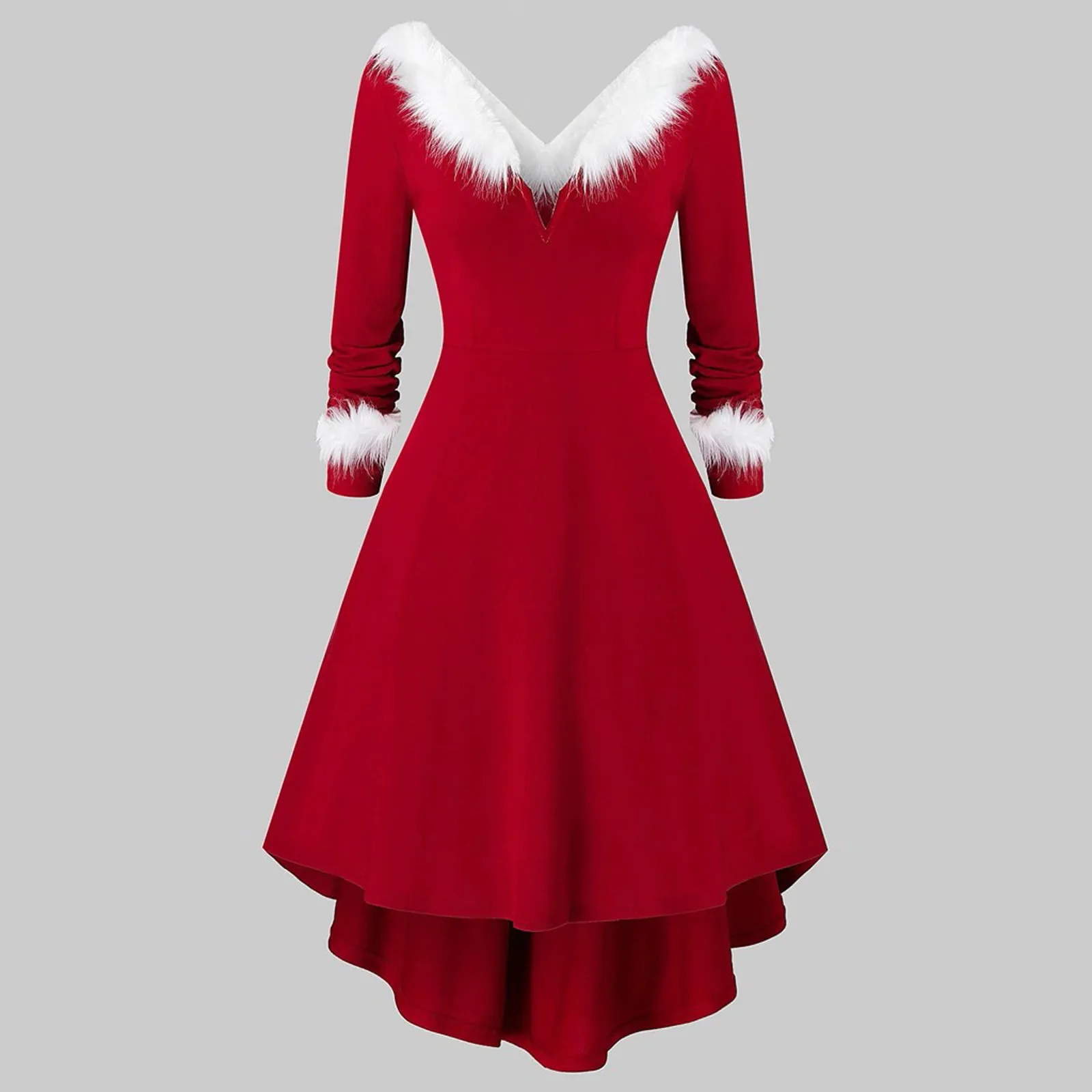 2022 Christmas Dress Women Plush Long Sleeve V-neck Dovetail Skirt Party Dress Navidad Robe Noel Ladies Red Long Dress Plus Size