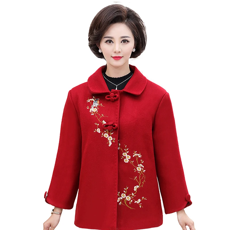 

Autumn Winter Mother's Coat New Middle Women's long large size Embroidered Outcoat Woolen Fashion Single-breasted Jacket