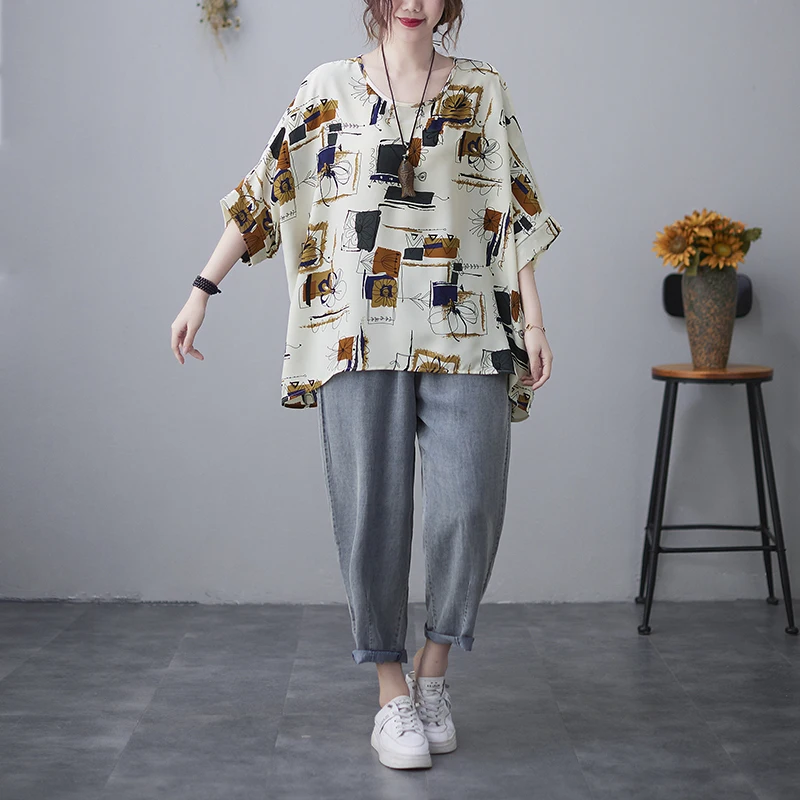 

BIG SIZE Summer Women Fashion Elegant Print Tops Batwing Sleeve Ladies Female Plus Large Chiffon Loose Femme Blouse Shirt Blusas