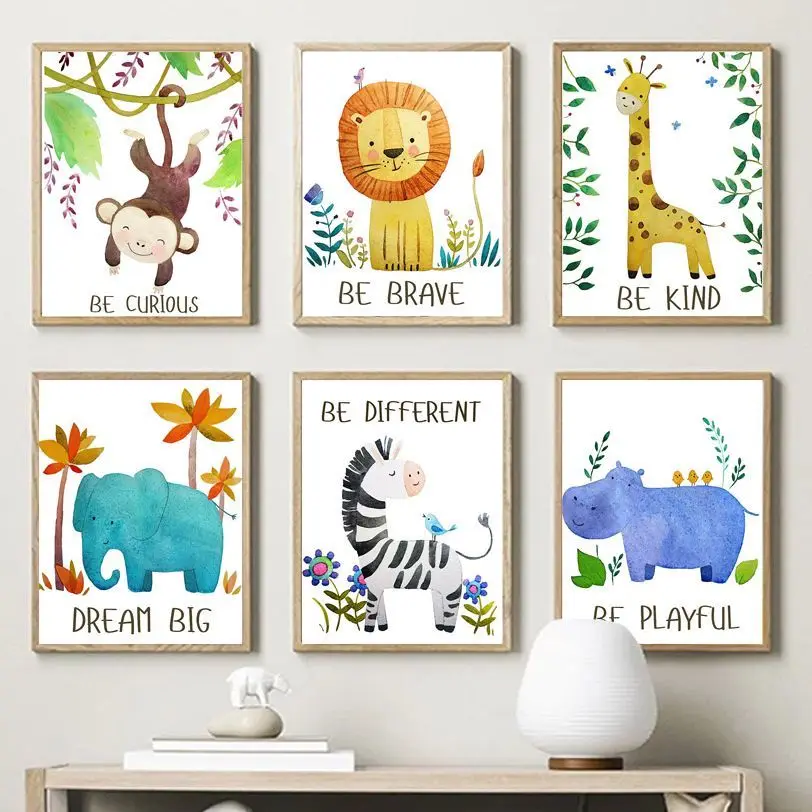 

Lion Giraffe Elephant Zebra Hippo Jungle Nursery Wall Art Print Canvas Painting Nordic Poster Home Decor Pictures Baby Kids Room