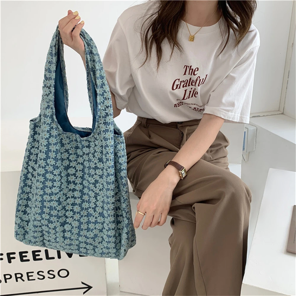 

Women's Cherry Blossom Canvas Vest Bag Embroidered Mesh Large-Capacity Shopping Bag French Lace Handbag Student School Bag 2022