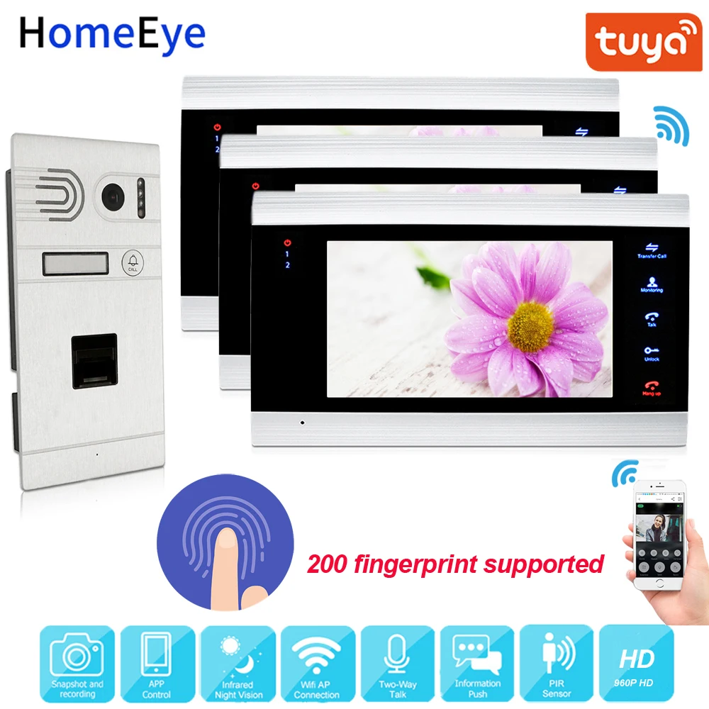 IP-видеодомофон Tuya с поддержкой Wi-Fi и датчиком отпечатков пальцев 960P |