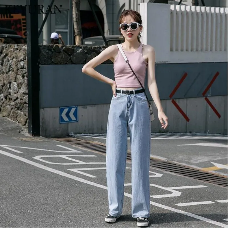 Женские джинсы с завышенной талией винтажные длинные брюки из денима широкими