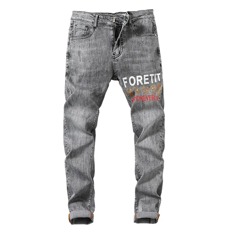 

Luren European Station 2021 Thin Jeans Men's Fashion Brand Ripped Rhinestone Beads Light Embroidered Stretch Slim Fit Pants