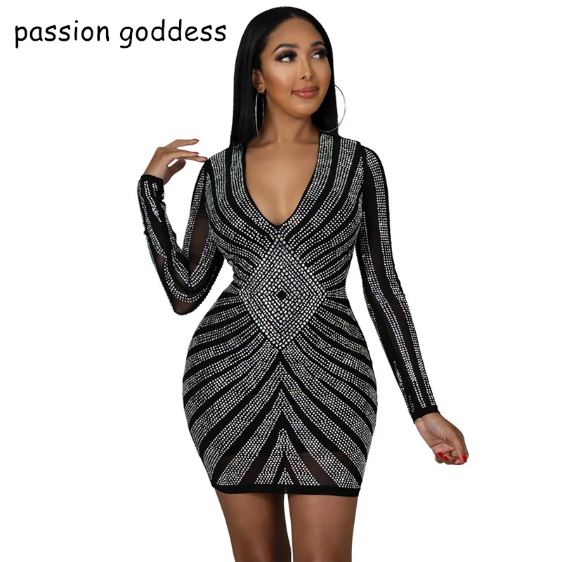

Autumn Sexy Bodycon Pencil Dress Women Long Sleeve V Neck Diamonds Bling Office Lady Elegant Short Party Dress Red Black Gold